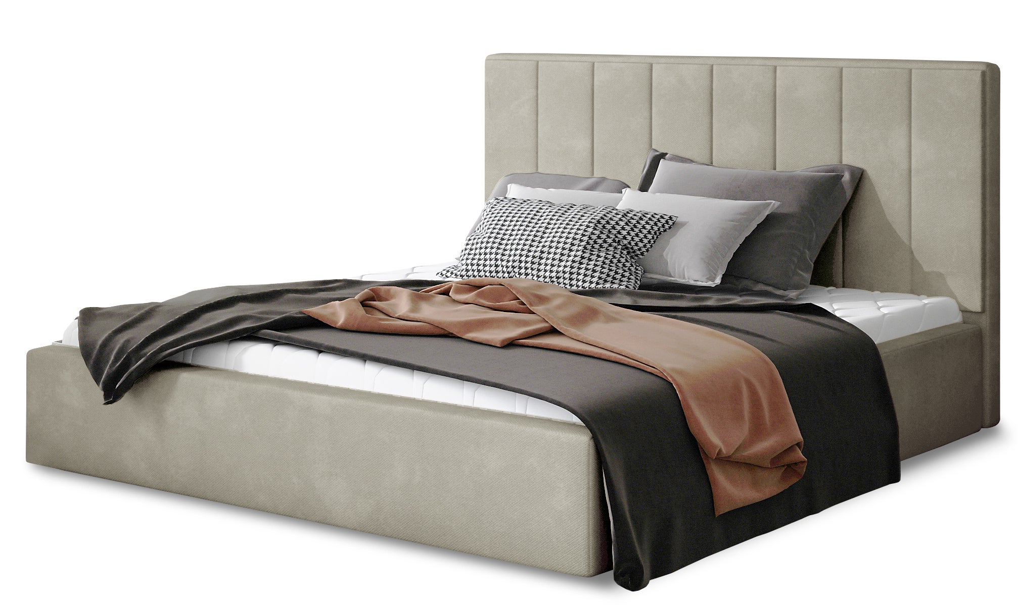 Lit Coffre 160x200 Cm Velours Côtelé Beige - Design Organique, Sommier à Lattes Inclus, Coffre Rangement, 2 Places - 2