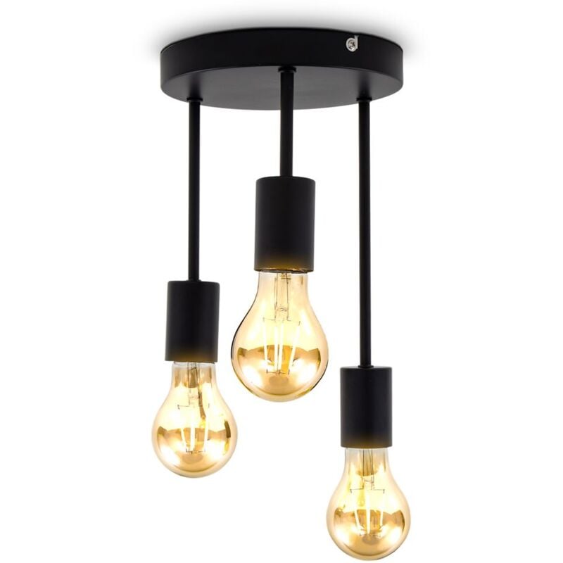 B.K.Licht I Plafon w stylu retro 3 gniazda E27 I czarny mat I metal I Ø19 x 31 cm I dostarczany bez żarówek