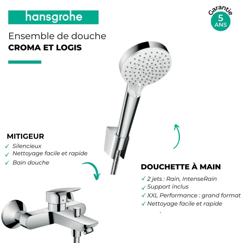 Mitigeur bain mécanique HANSGROHE Logis + Pommeau de douche Crometta avec flexible et support - 3