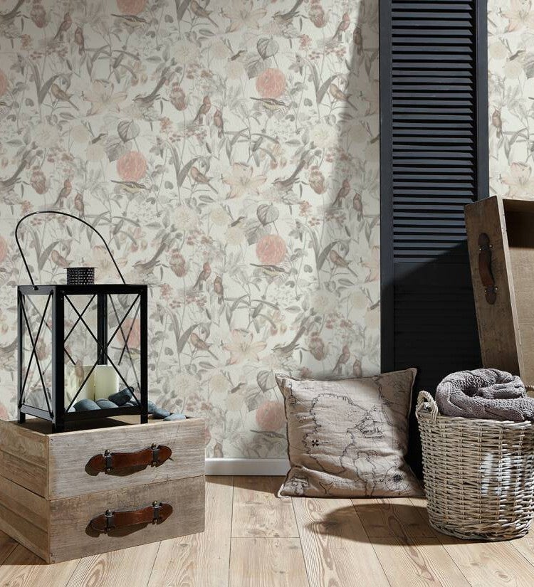 Papel pintado vinílico lavable con dibujo de flores y pájaros con estilo inglés - victoria blossom 126371 de gaulan - rollo de 10 m x 0,53 m