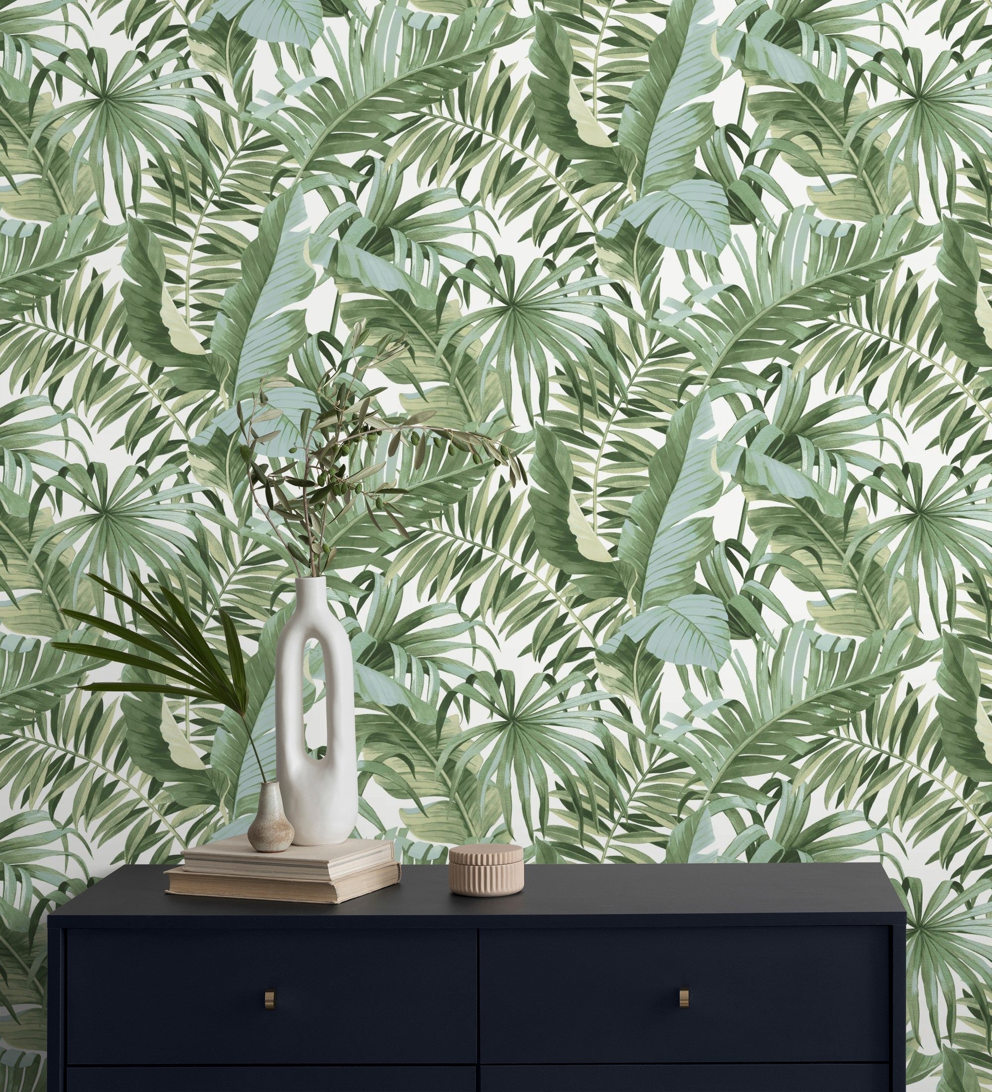 Papel pintado lavable de hojas tropicales verde y blanco - maldivas tropical 682357 de gaulan - rollo de 10 m x 0,53 m