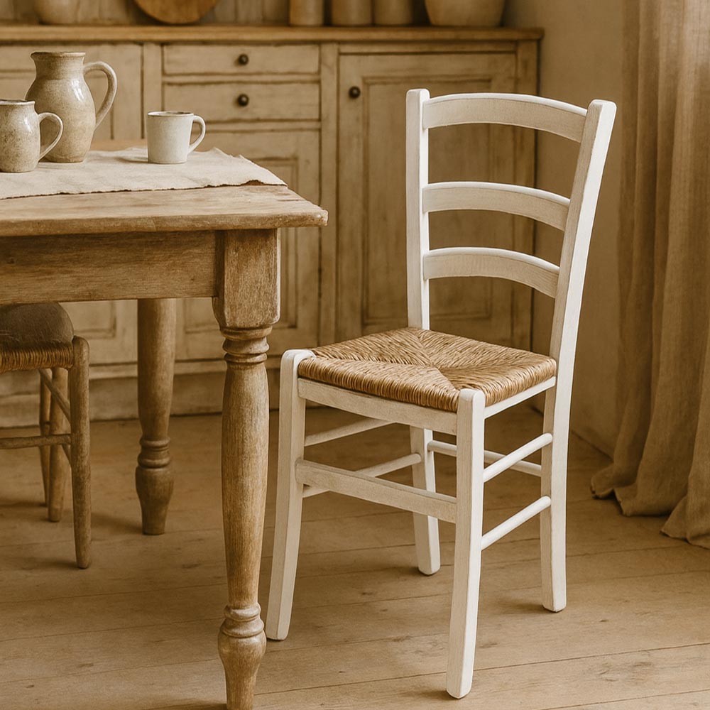Chaise en bois Venezia vieillie blanche avec assise en paille palustre tressée - 6