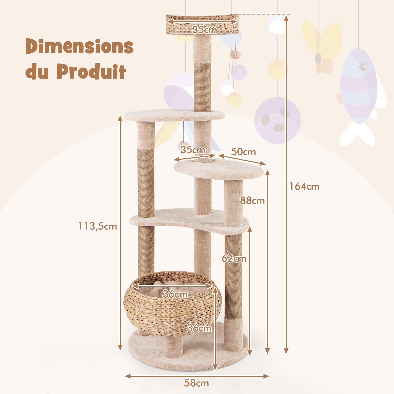 Arbre a Chat Bois 164 cm, 3 Griffoirs Chat en Jute, 5 Plateformes, Quenouille Tressée, Coussins Amovible, 2 Pompons, Tour pour Chat à 6 Étages - 2