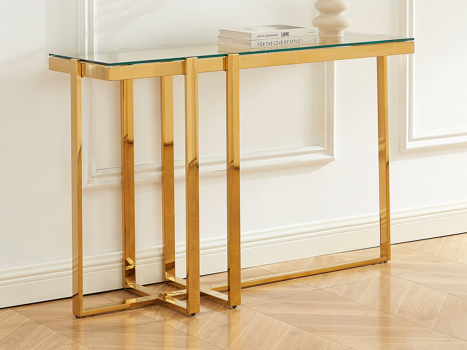 Stolik konsola ze szkła hartowanego i stali nierdzewnej chromowanej – Transparentny i złoty – VELETIA marki Pascal Morabito