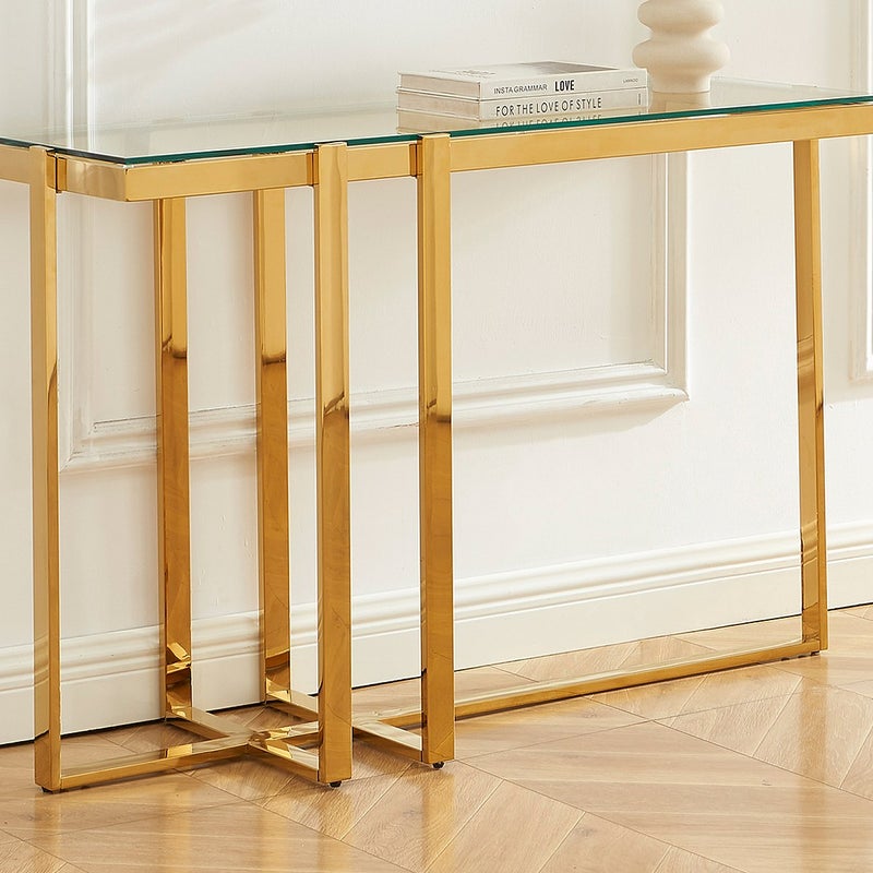 Stolik konsola ze szkła hartowanego i stali nierdzewnej chromowanej – Transparentny i złoty – VELETIA marki Pascal Morabito