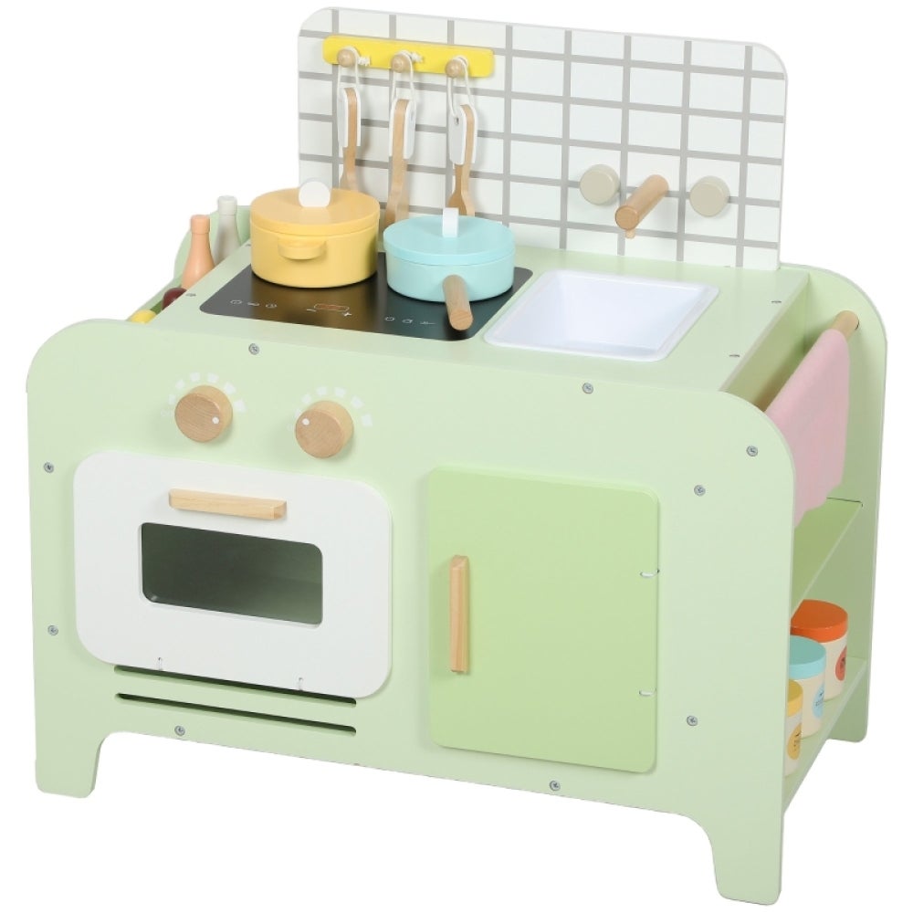 Cocina de juguete infantil verde de madera con accesorios, armarios, 60x31.6x58cm, para niños a partir de 3 años, mdf, juego educativo