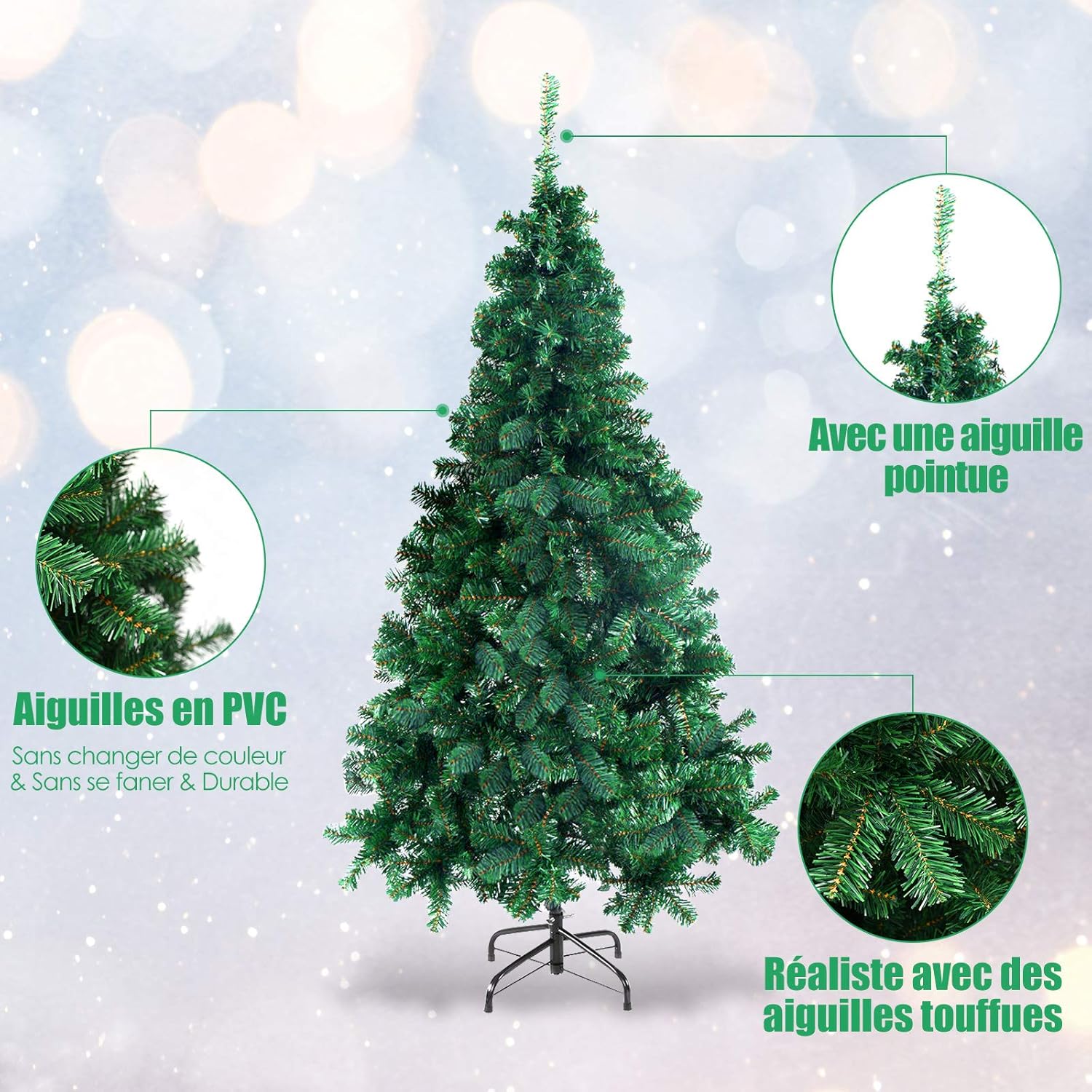 Albero di Natale Realistico di 180 cm, 650 Rami Folti in PVC Ignifugo, Supporto in Ferro, Divisibile per Trasporto e Montaggio Facile, 4 Size - 3
