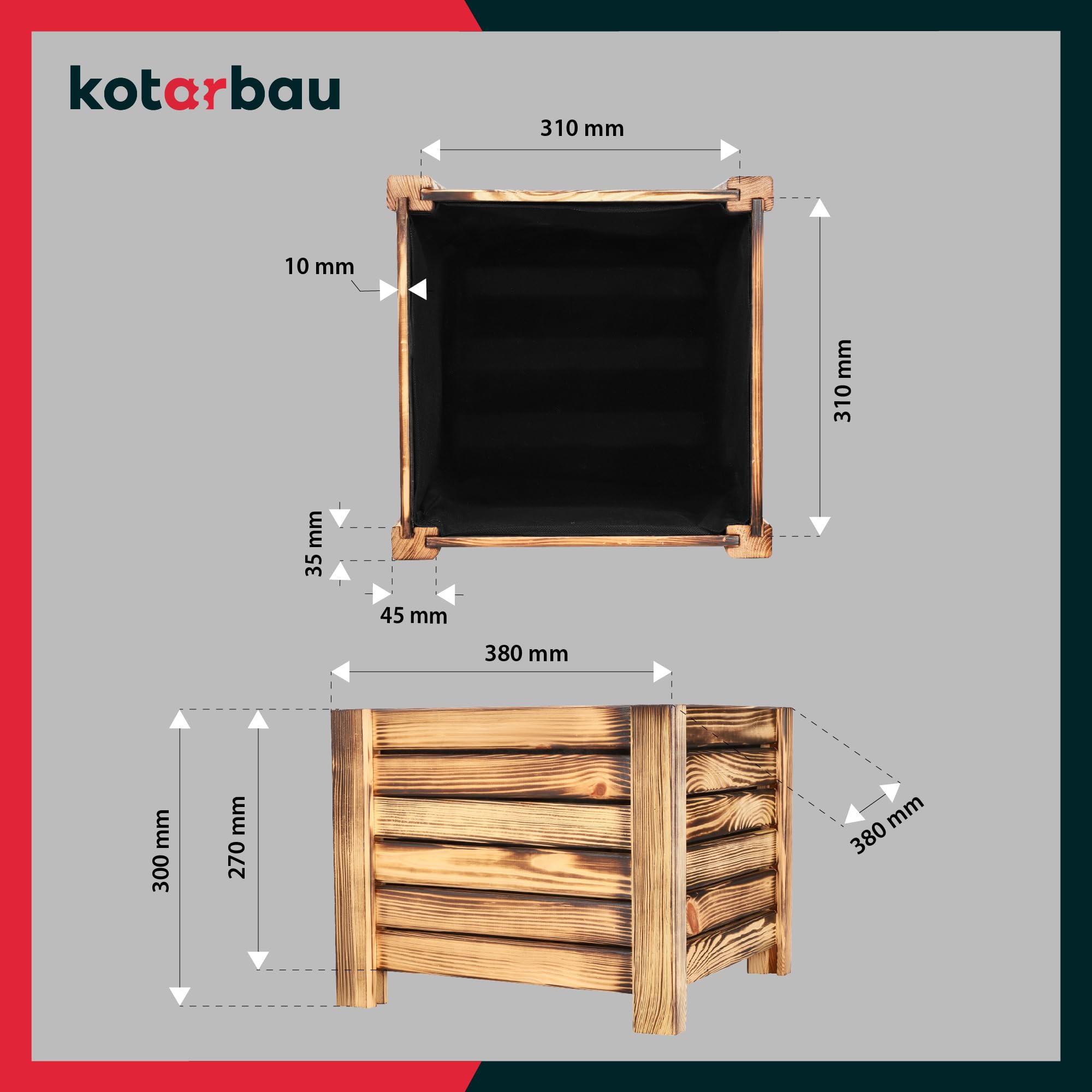 Pot de Fleurs en Bois 38 x 38 x 30 cm Jardinière en Pin Carbonisé Pot de Plantes Jardinière - Idéal pour Jardin Terrasse Balcon - KOTARBAU - 3