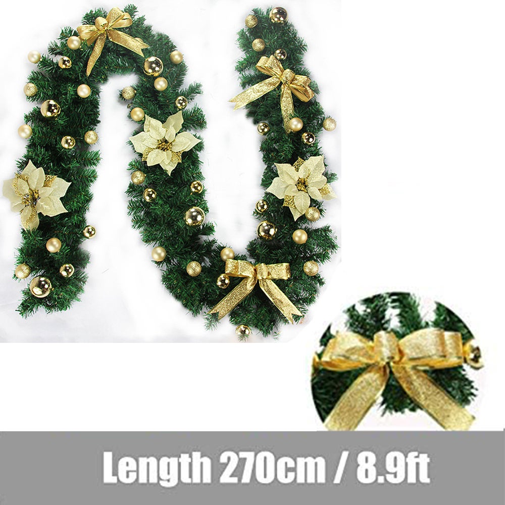 Or Guirlande de Noël de 2,7 m avec fleurs dorées, décoration de Noël, lampes LED, décoration de vacances pour escaliers, murs, portes - 3
