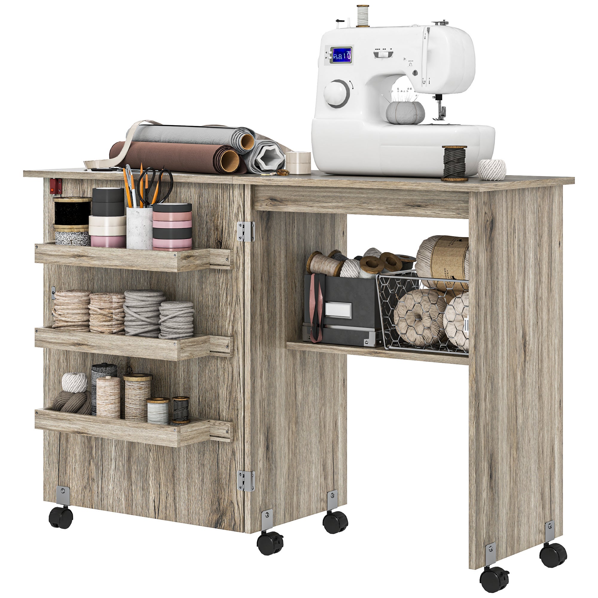 HOMCOM Table De Couture Pliable Avec Rangement - Meuble Machine à Coudre Blanc 117x40x77,5 Cm