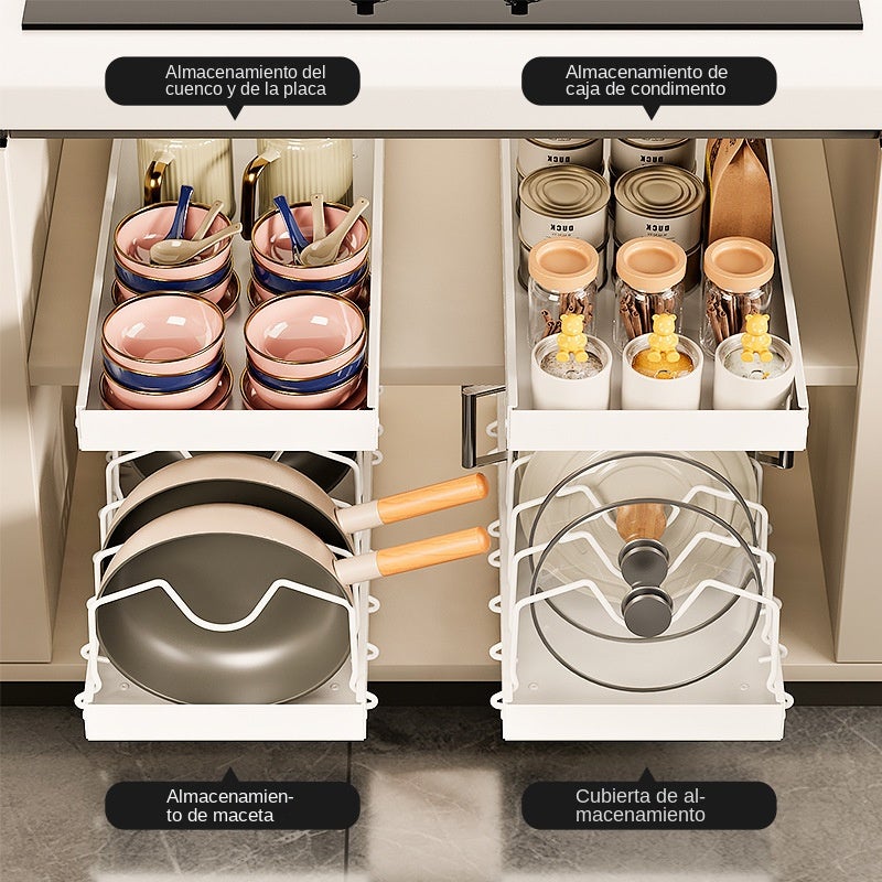 Estante para utensilios de cocina con tirador – Estante ajustable para ollas, tapas y platos,organizador de cocina extraíble para armarios y encimeras - 2