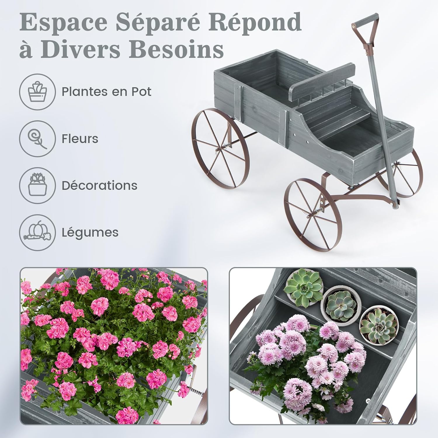 Brouette Décorative en Bois avec 2 Compartiments à Planter Roues Métalliques et Poignée à l'avant Charge 15kg pour Cour Jardin Véranda (Gris) - 7