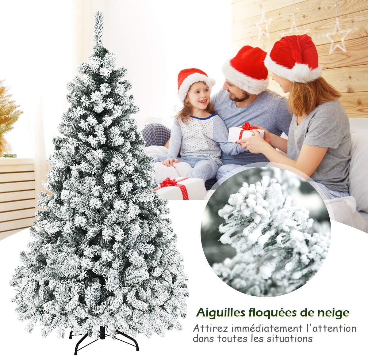180cm Árbol de Navidad Flocado con 250 Luces LED, 600 ramas de PVC ignífugo con apertura automática, base de metal, blanco - 2