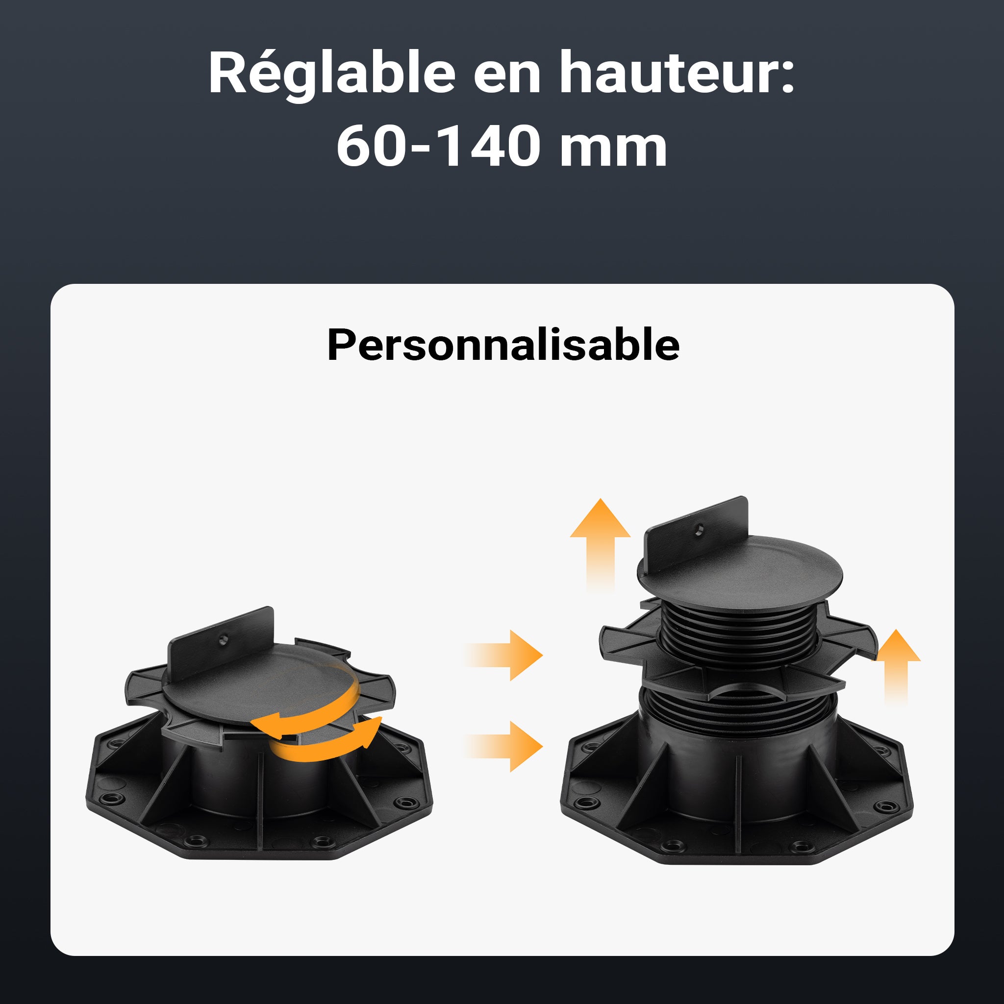 Plots de terrasse – Charge 2700 kg – Hauteur réglable 60-128 mm – en PP – Pieds de support pour Lames Dalles Wiltec - 6
