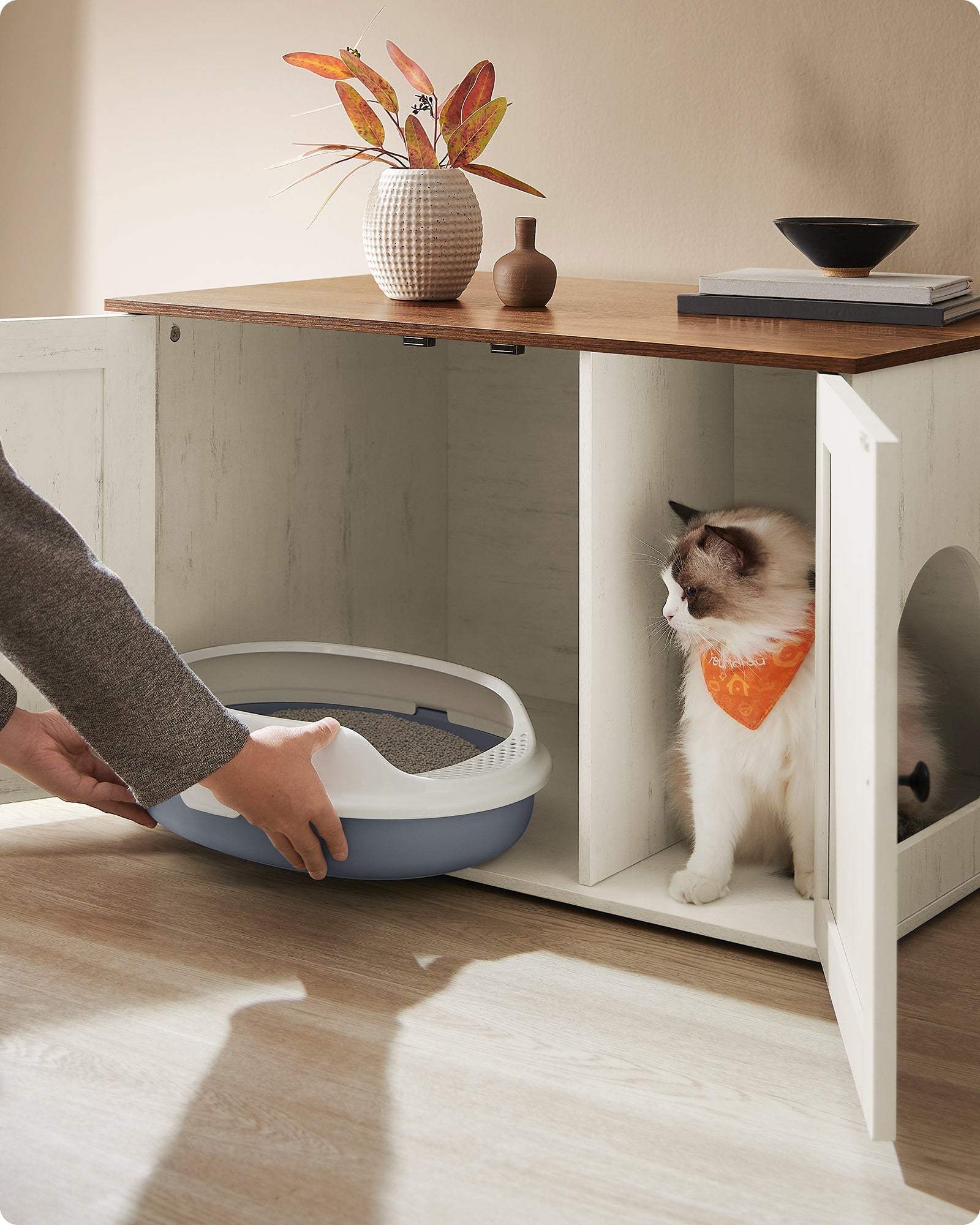 Maison de Toilettes pour Chat, Niche, Meuble Litière Chat, Table Basse, 80 x 53 x 50 cm, Marron Miel et Blanc Rustique - 5