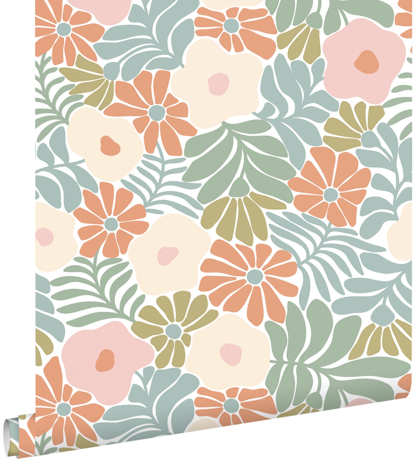 Papel pintado flores al estilo matisse turquesa, naranja, verde oliva agrisado y beige - 50 x 900 cm - estahome