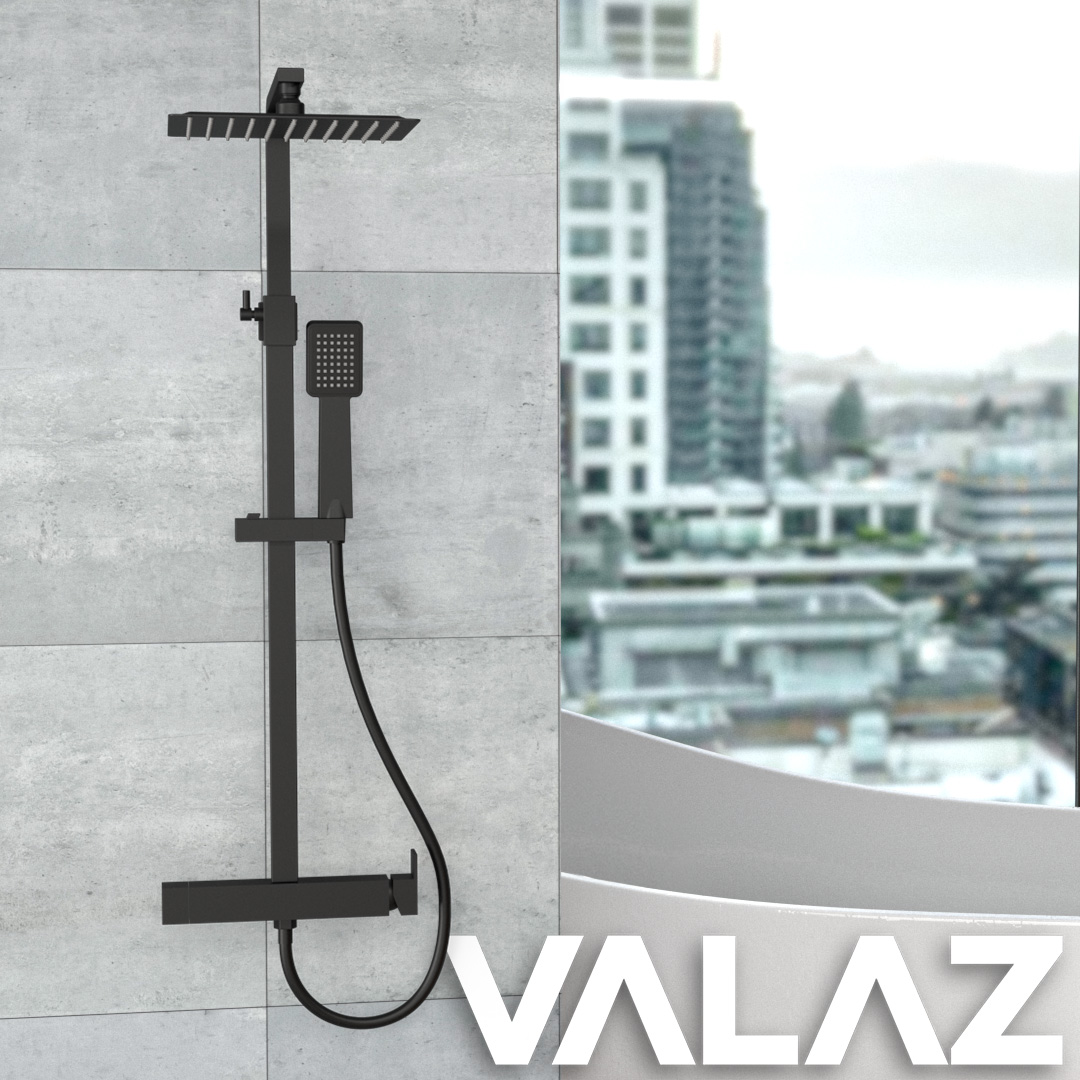 Valaz Barra de ducha monomando cuadrada ajustable hasta 120CM negro mate serie Segura - 25cm - 5