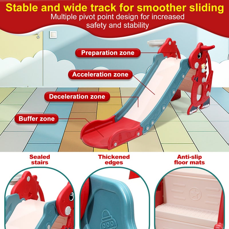Toboggan pour enfants 4 en 1 Aire de jeux pliable avec panier de basket Anneau de lancer Apprentissage de l'anglais rouge - 3