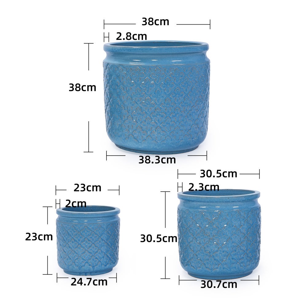 Set de 3 Macetas de Cerámica Azul Antiguo Ø38,1/30,5/22,9 cm con Patrones Geométricos, Drenaje Integrado, Interior/Exterior - 3