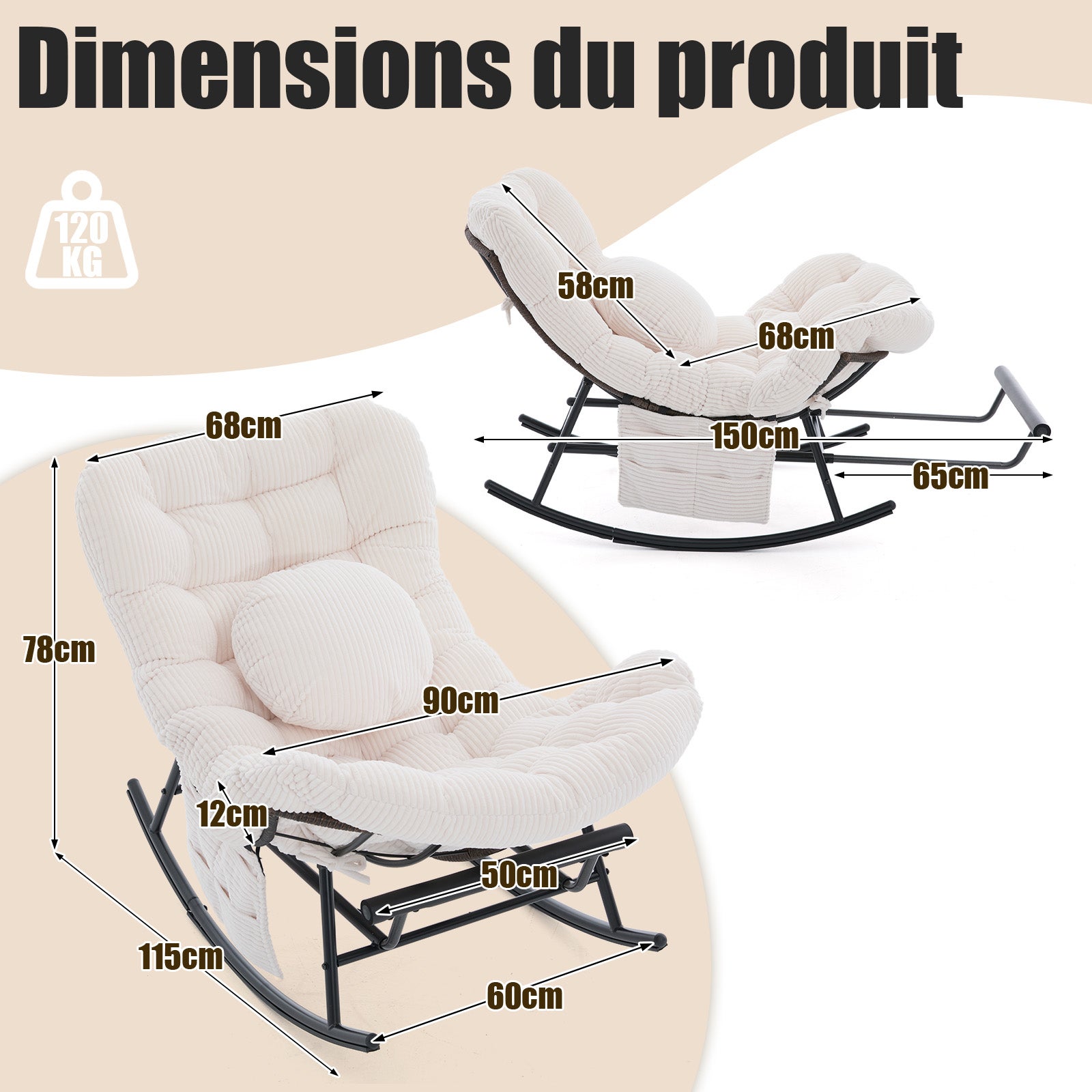 Rockingchair - Fauteuil à bascule avec Repose-Pieds Rétractable - Siège Large et Coussin Offert - 115kg - Pour Jardin, Terrasse, Salon - Cocon Pro - 3