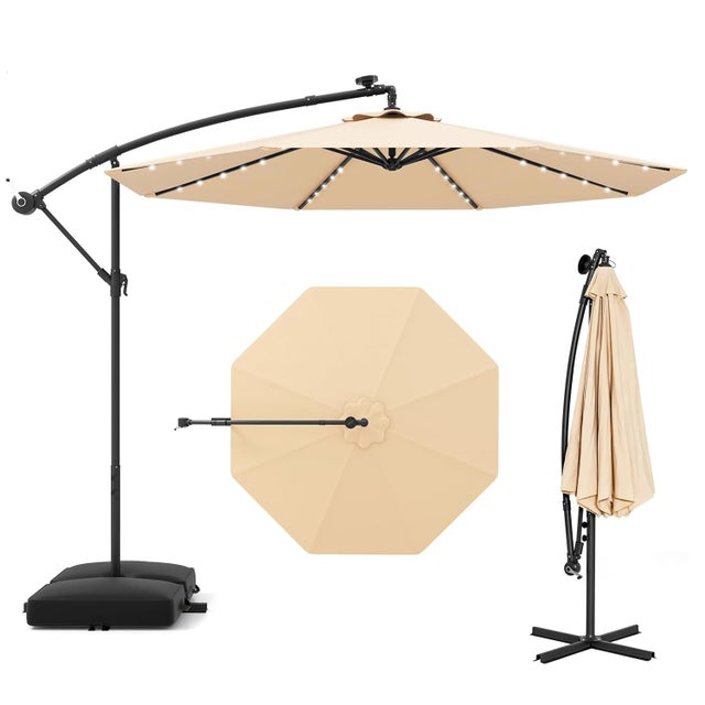 Parasol Déporté Ø300CM Parasol de Jardin Extérieur Inclinable 40 LED Solaires 8 Baleines, Grand Parasol avec Pied pour Terrasse Plage Cour (Beige)