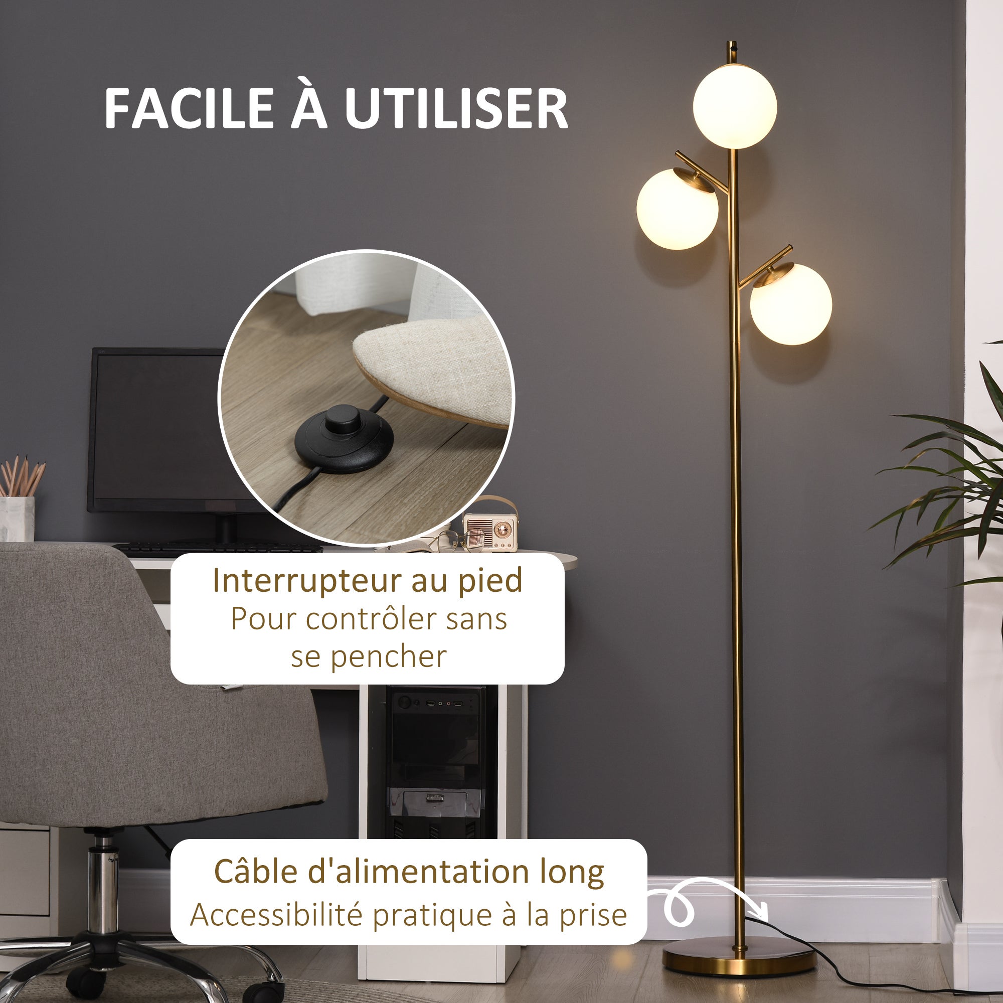 Lampadaire sur pied - HOMCOM - salon métal doré 3 abat-jours globe blanc verre dépoli - métal - Ø 27x169cm - doré - 5