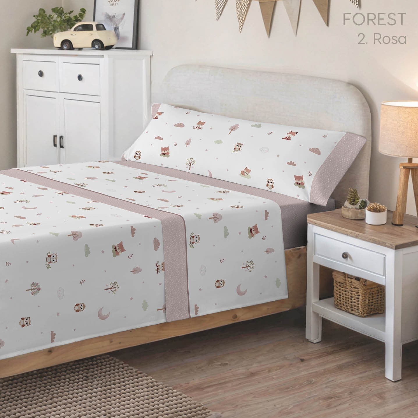 JUEGO DE SÁBANAS INFANTIL MARCA CATOTEX KABELY KIDS MOD. FOREST, COLOR ROSA, CAMA 90 - 2