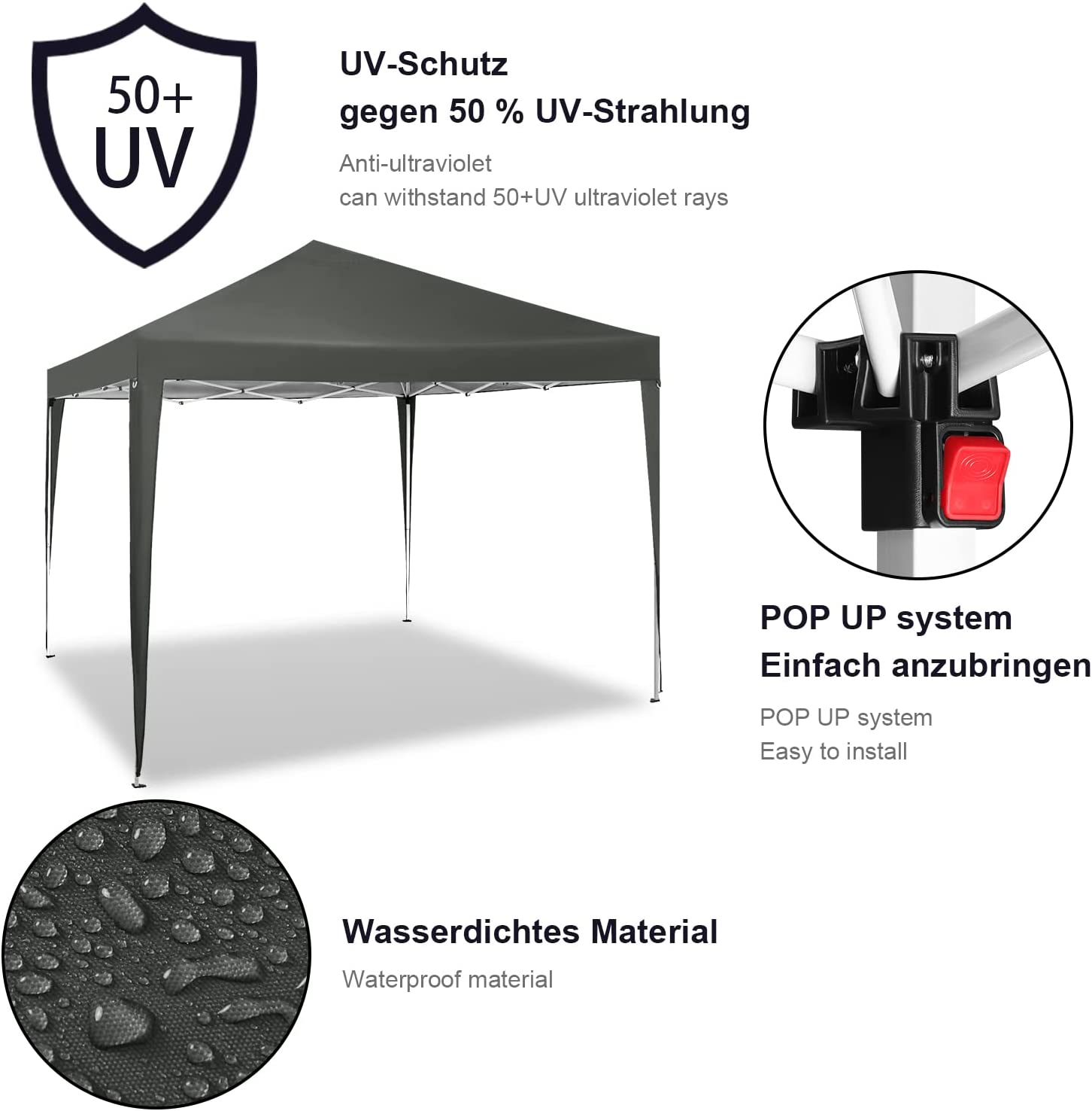 Tonnelle de Jardin. Tente Pliante. Protection du Soleil UV 50+. Facile à Installer Hauteur Réglable 3x3m. Gris,WOLTU - 4