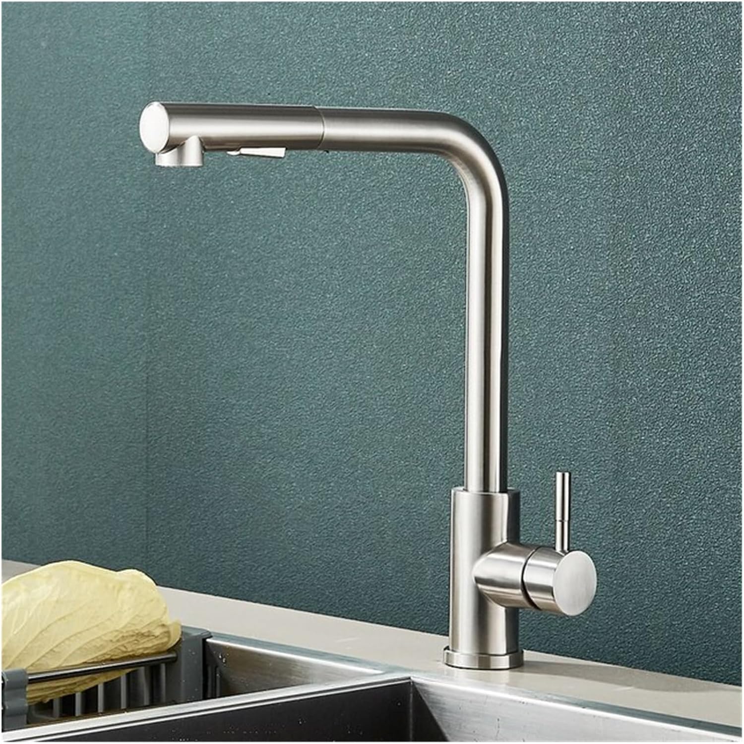 Bateria kuchenna, bateria zlewozmywakowa z wyciąganą wylewką, obrotowa 360°, stal nierdzewna, z rurką doprowadzającą wodę, srebrna