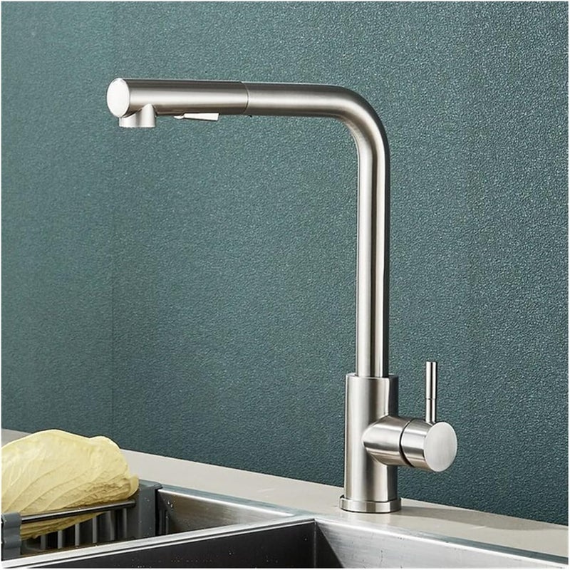 Bateria kuchenna, bateria zlewozmywakowa z wyciąganą wylewką, obrotowa 360°, stal nierdzewna, z rurką doprowadzającą wodę, srebrna