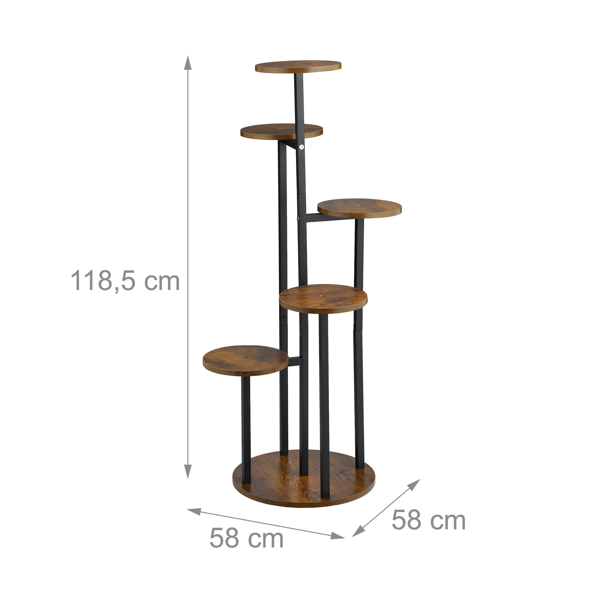 Étagère à plantes, 5 emplacements, fer et MDF, H x L x P : 118,5 x 58 x 58 cm,noir et marron, RELAXDAYS - 4