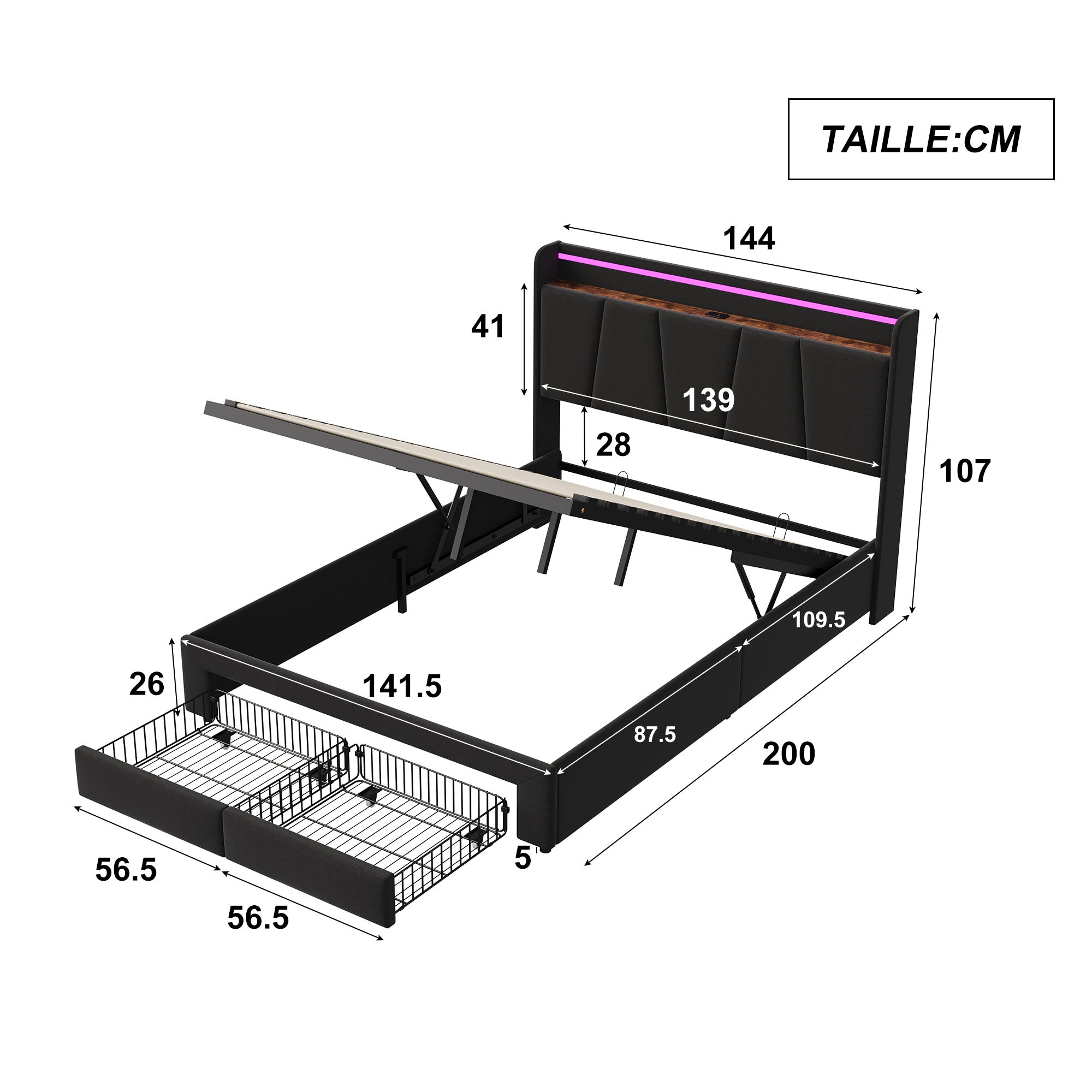 Lit coffre 140x190 cm avec LED et 2 tiroirs, cadre de lit double 140x190 cm avec sommier à lattes, lit adulte, tissu en lin, 140x190 cm, gris - 6