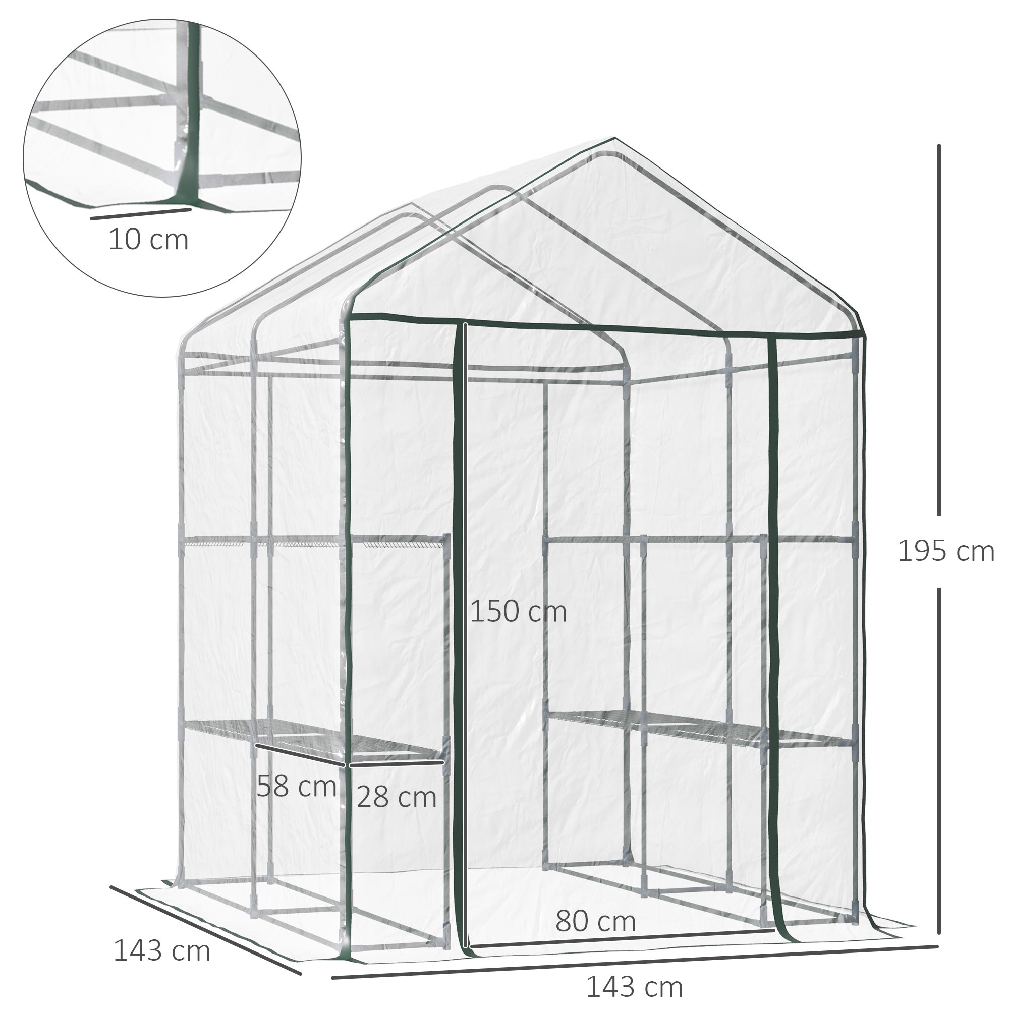 Serre de jardin extérieure en PVC transparent, serre balcon avec étagères pour plantes maraîchères de 1,43 x 1,43 x 1,95 m - 5