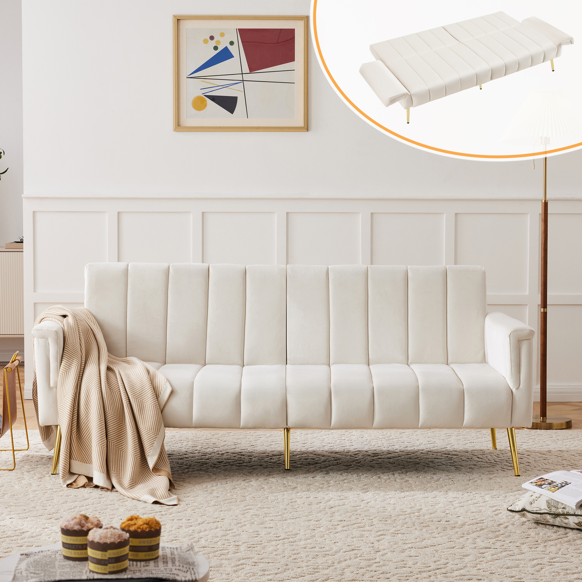 Sofá cama de terciopelo de 2 plazas - 183 x 76 x 75 cm - patas de metal dorado - beige