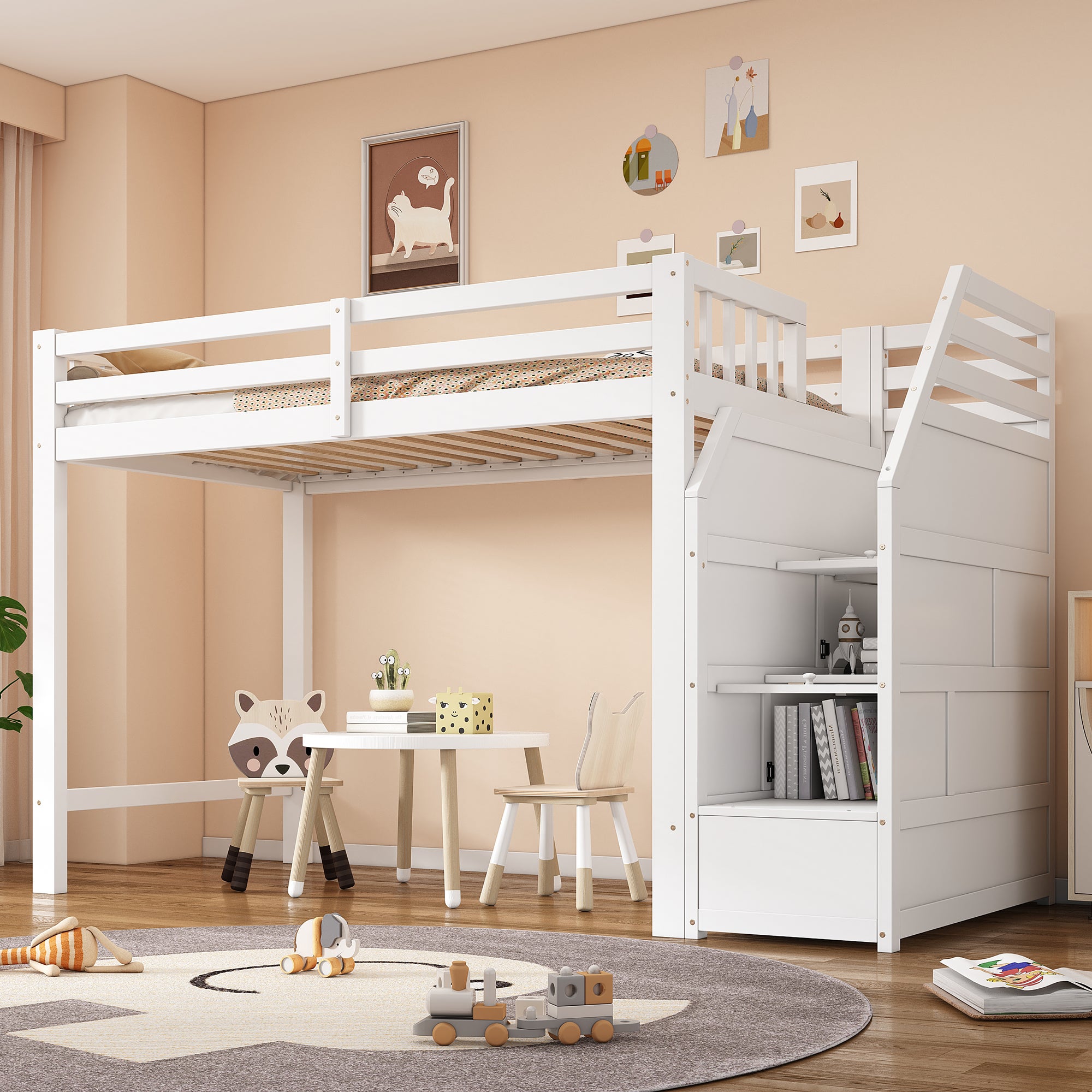 Wyibwy Letto a soppalco 90x200 cm, scala di sicurezza verticale con cassetti e ripiani, recinzione alta, rete a doghe, letto in pino, letto singolo in legno,Grigio