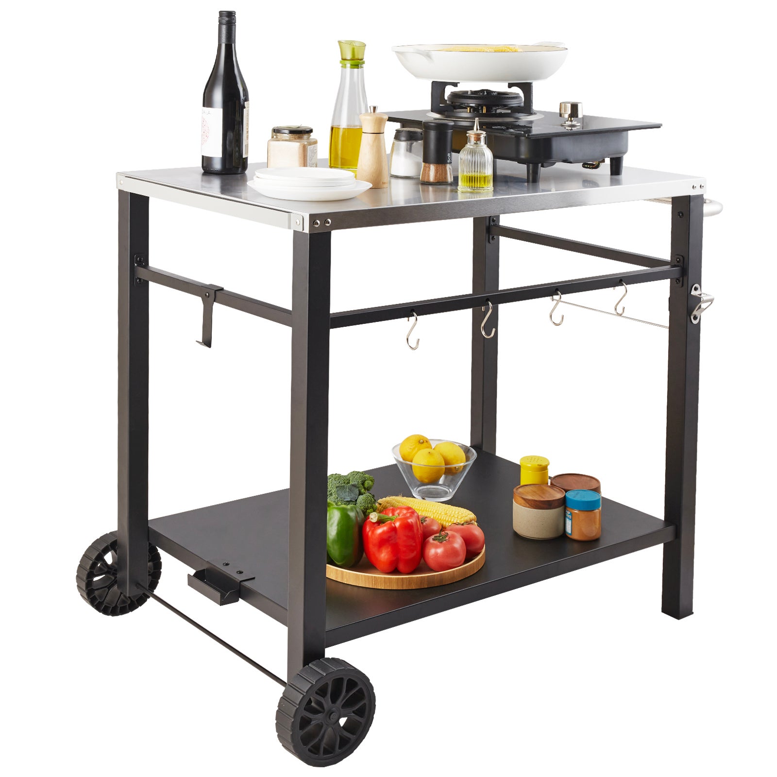 Desserte Plancha à VEVOR 2 Niveaux Chariot de Barbecue avec Grand Plan de Travail en Inox 85 x 55 cm Table de Barbecue sur Roulettes pour Four à Pizza - 9