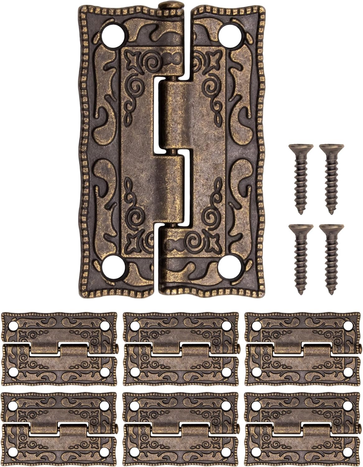 Zestaw 6 mini zawiasów metalowych w stylu antycznym, zawiasy żelazne, klasyczny design, do szafek, drzwi, skrzyń, puszek, styl vintage, retro wiejski