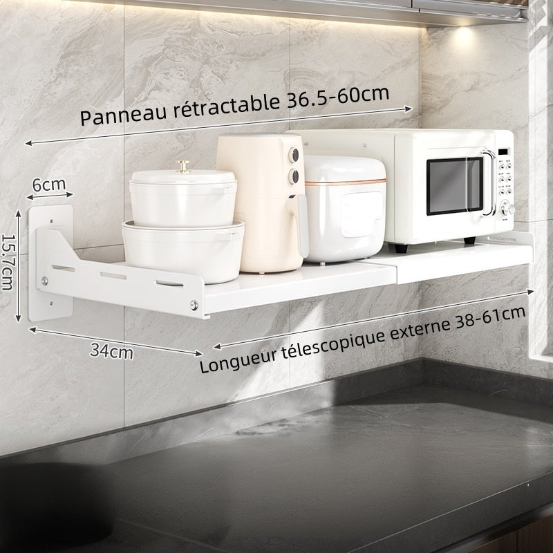 Étagère de cuisine extensible pour micro-ondes, installation sans perçage, porte-four mural, (36.5-60)*34*15.7cm, Blanc - 7