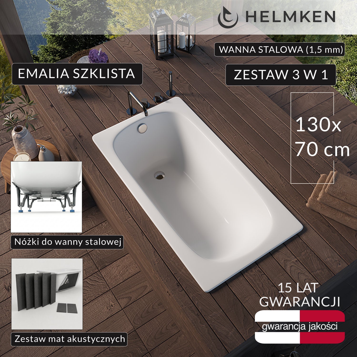 Wanna prostokątna stalowa (1,5 mm) Helmken TIVA 130 / XGB1130, 130 x 70 сm + Nóżki + Zestaw mat akustycznych