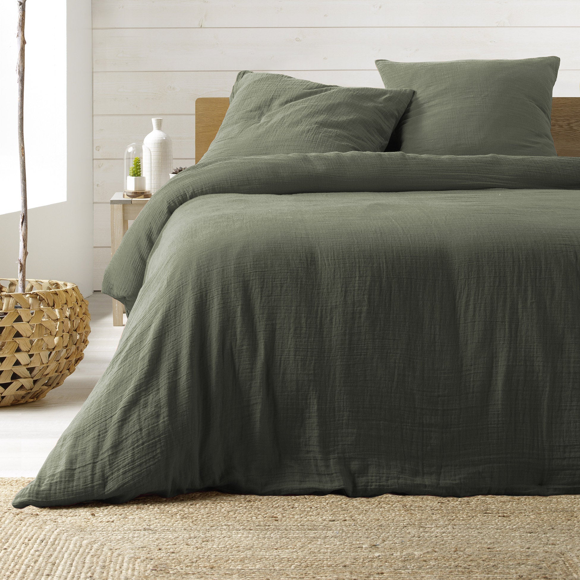 Parure de lit 240 x 220 cm Sienna Kaki + 2 taies 63x63 cm – Double face gaze de coton & coton 57 fils - 2