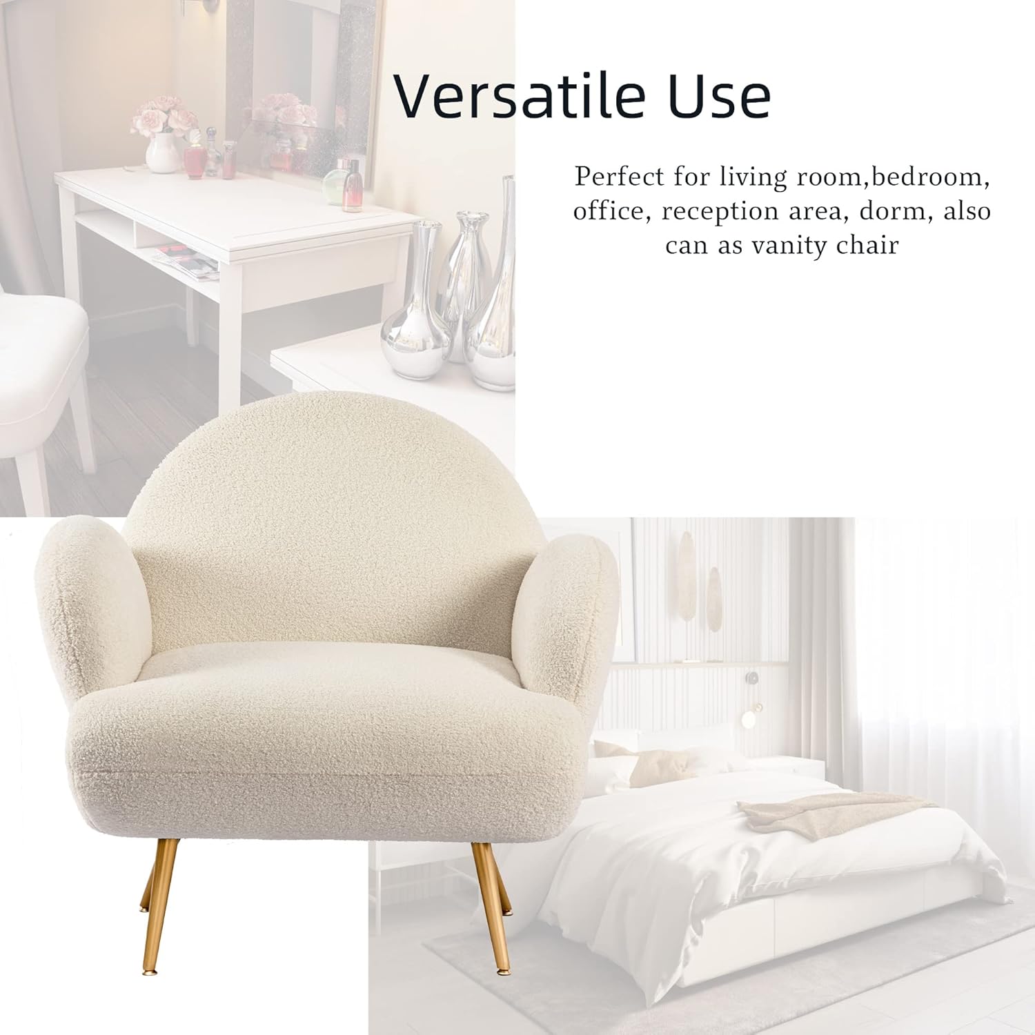 Fauteuil Moderne Décontracté avec Pieds en Métal Doré, Fauteuil Simple avec Dossier Confort pour Salon/Chambre à Coucher/Club, Blanc - 3