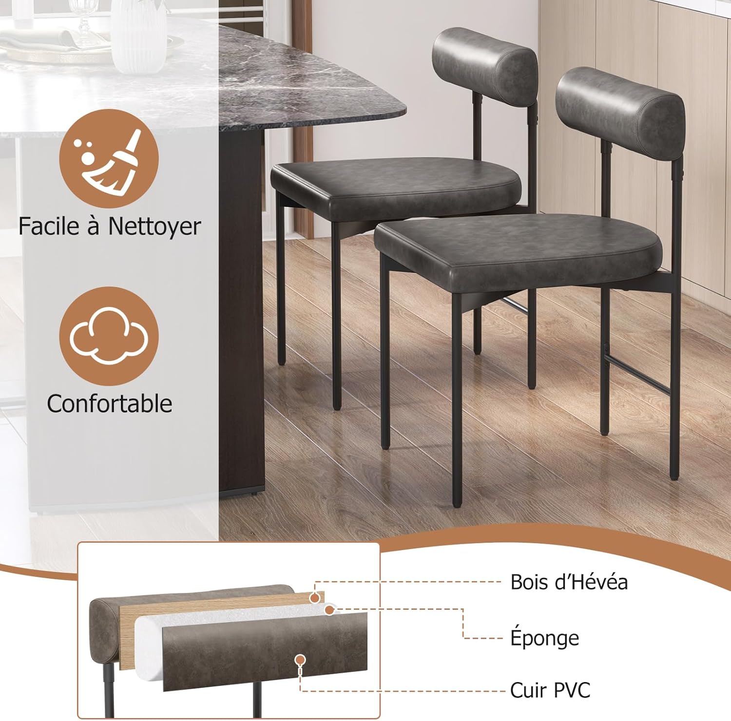 Set di 2 Sedie per Sala Pranzo con Schienale e Seduta Imbottita in Ecopelle, Sedia per Cucina con Gambe in Metallo, Sedia Moderna Comfortevole - 5