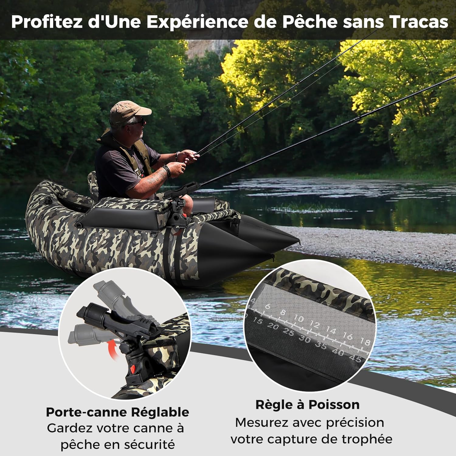Barco de Pesca Inflável com Encosto e Pagaia, Barco Inflável com Régua para Peixes, Suporte para Cana, Bolsos de Armazenamento, Remos e Bomba. - 6