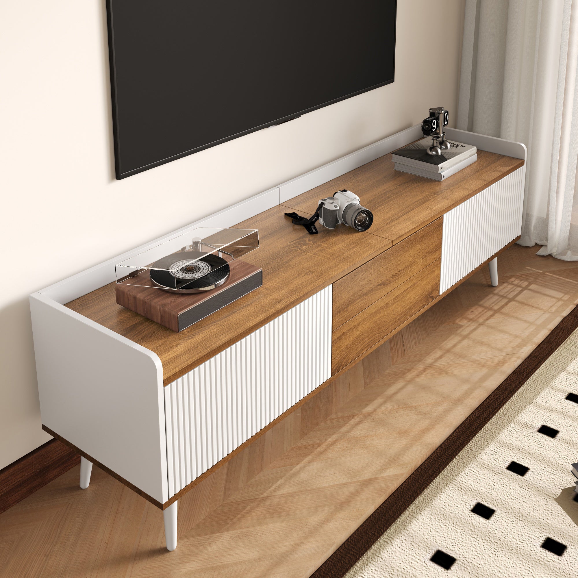 Szafa pod TV 160x39x49,5 cm - 3 drzwi - Wykończenie drewnopodobne - MDF + Płyta wiórowa - Biały + Naturalny