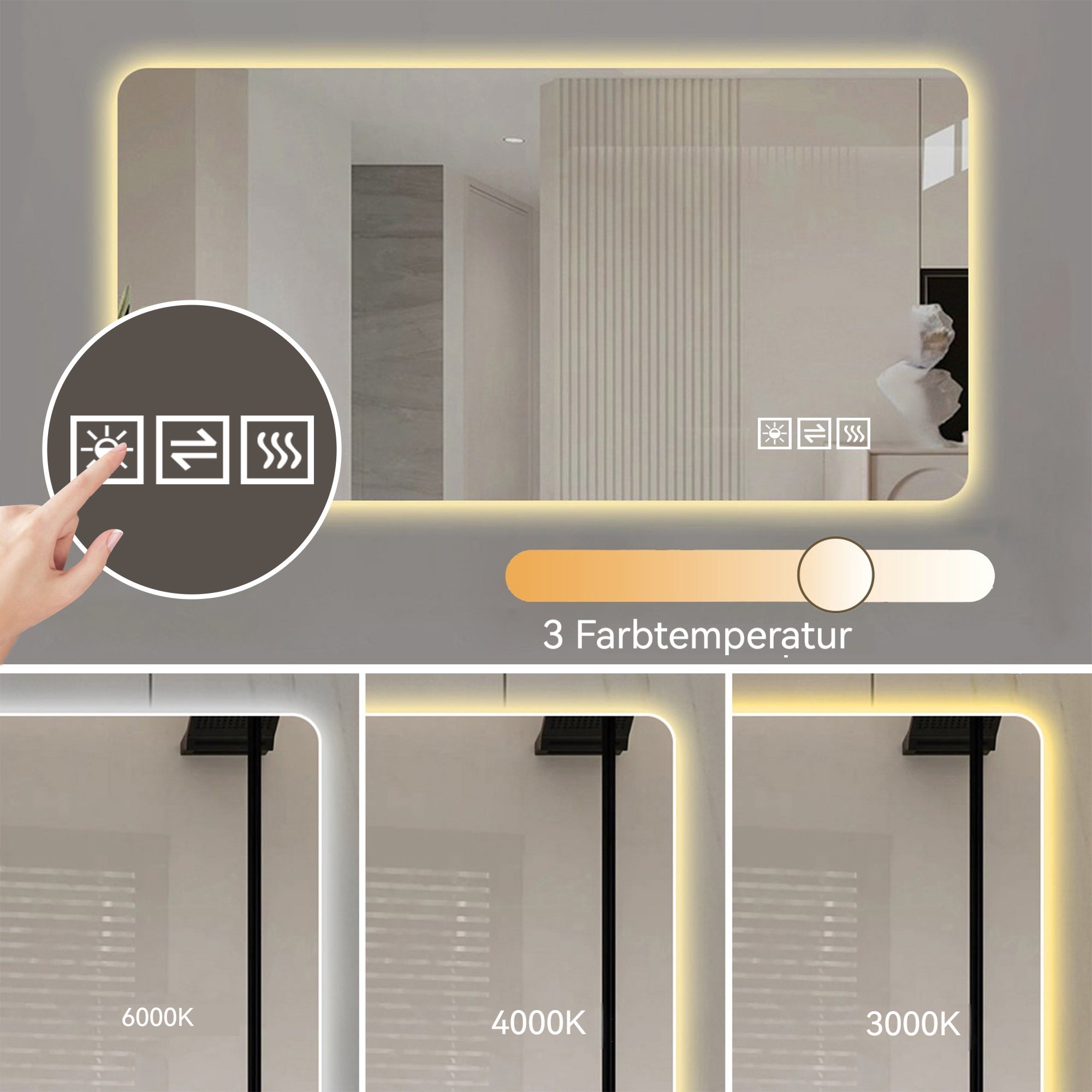 Miroir LED tactile 120x60 cm, 3 températures de lumière, en verre+métal, argent - 9