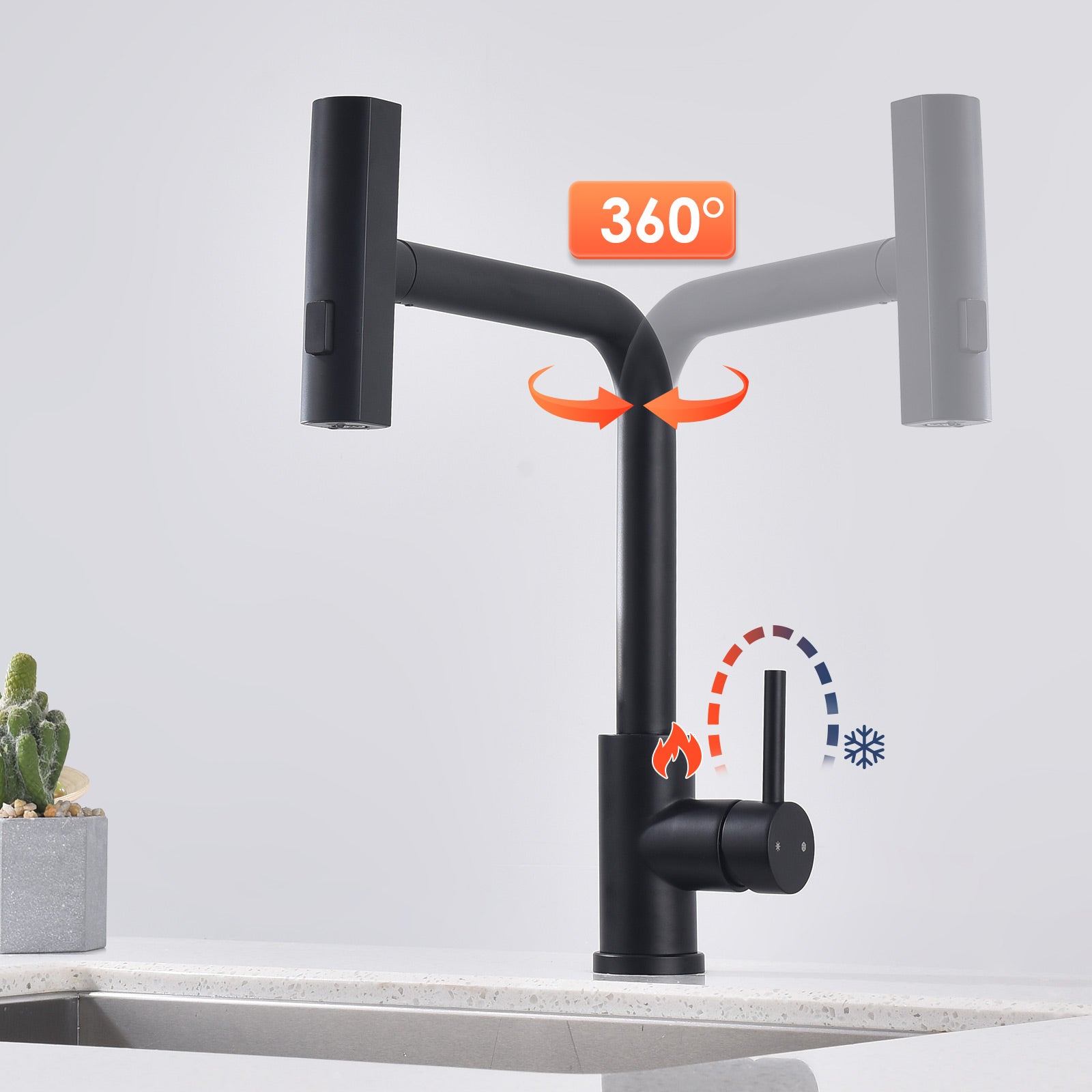 Robinet de Cuisine Noir avec Douchette Extracible Mitigeur d'Évier à 3 Modes de Pulvérisation Robinet de Cuisine Monocommande, Rotatif à 360 ° - 4