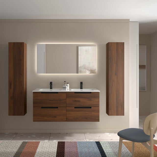 Móvel de casa de banho LENI Nogueira 120cm 4 gavetas lavatório 2 cubas Porcelana