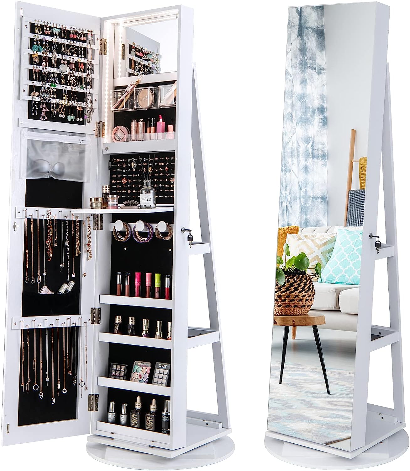 Armoire à Bijoux Pivotante Lvifur - 63 Pouces Avec Miroir Pleine Longueur Et Lumières LED - Marron