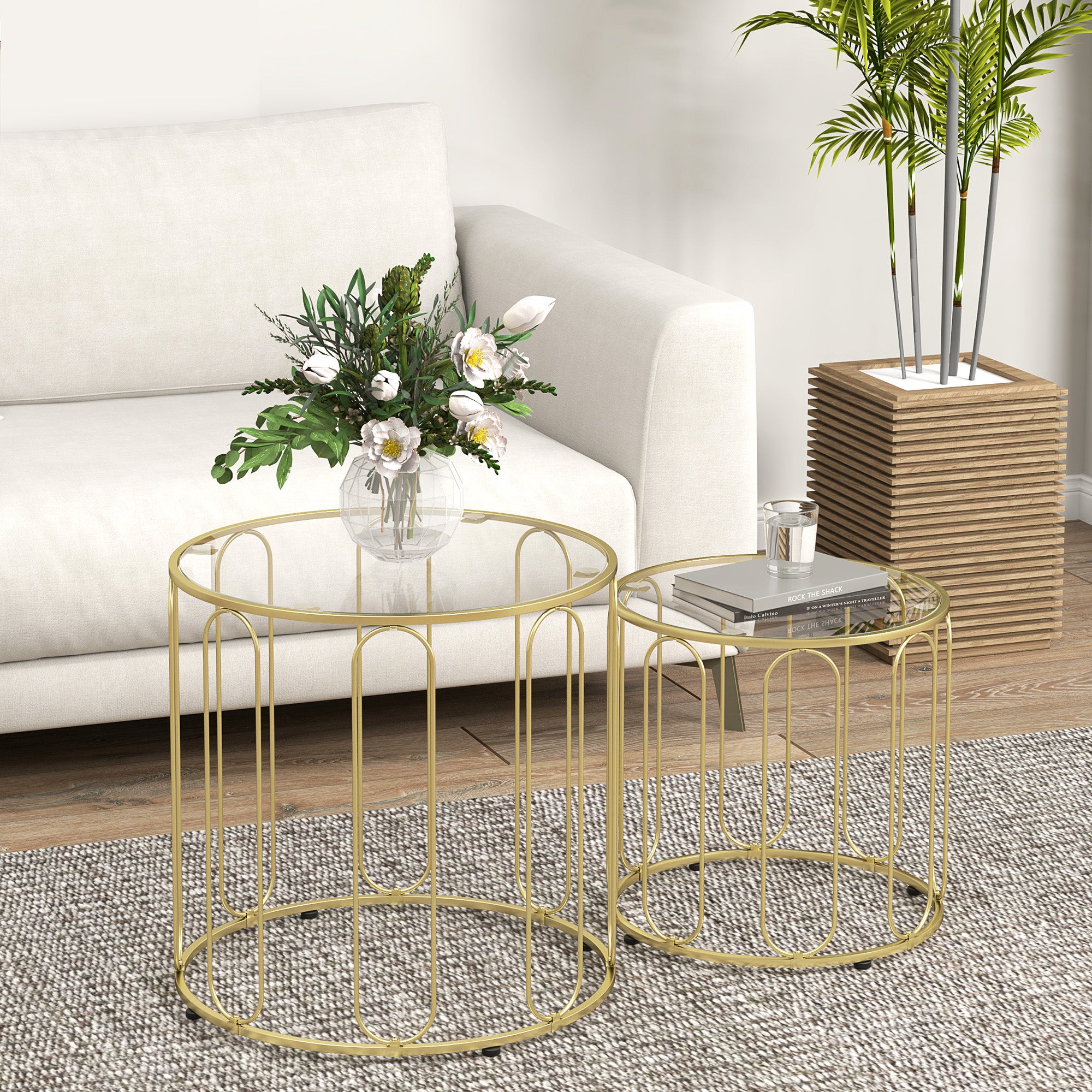 Lot de 2 tables basses gigognes rondes modernes avec cadre en métal et plateau en verre trempé, ton doré - 4
