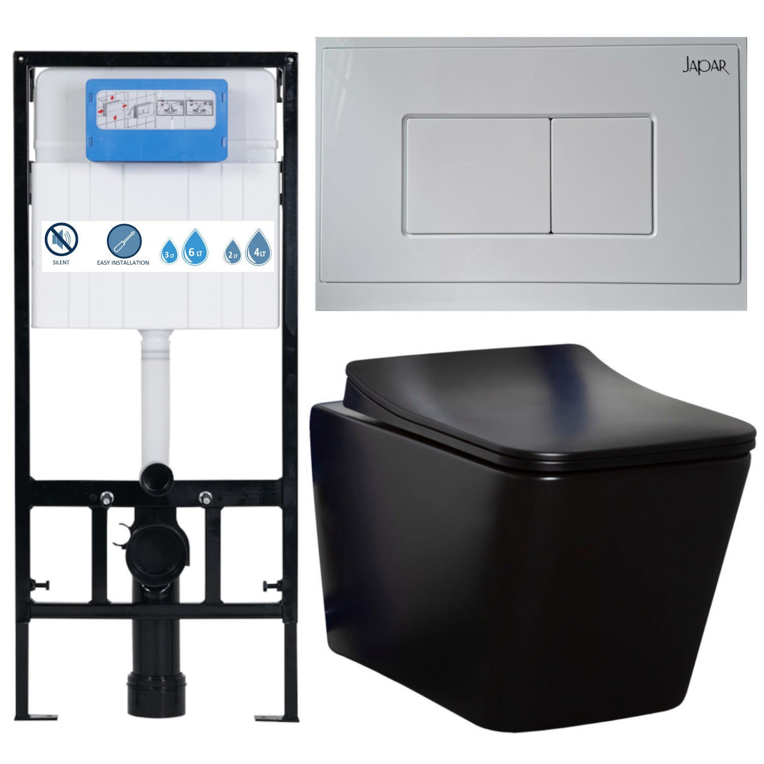 Miska WC czarny mat 51,5x36x34 cm podwieszana bezkołnierzowa, deska soft close, stelaż podtynkowy, przycisk